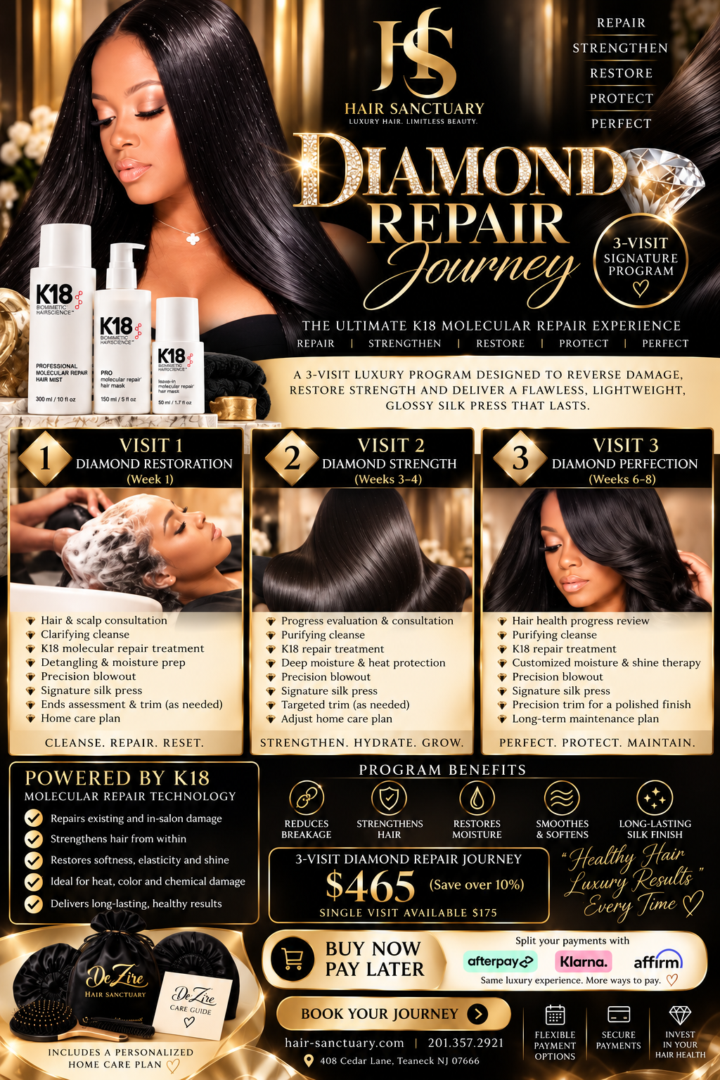 October Special — the Diamond Repair Journey, a 3-visit K18 molecular repair program with signature silk press, $465 for the package or $175 for a single visit, at Hair Sanctuary in Teaneck, New Jersey